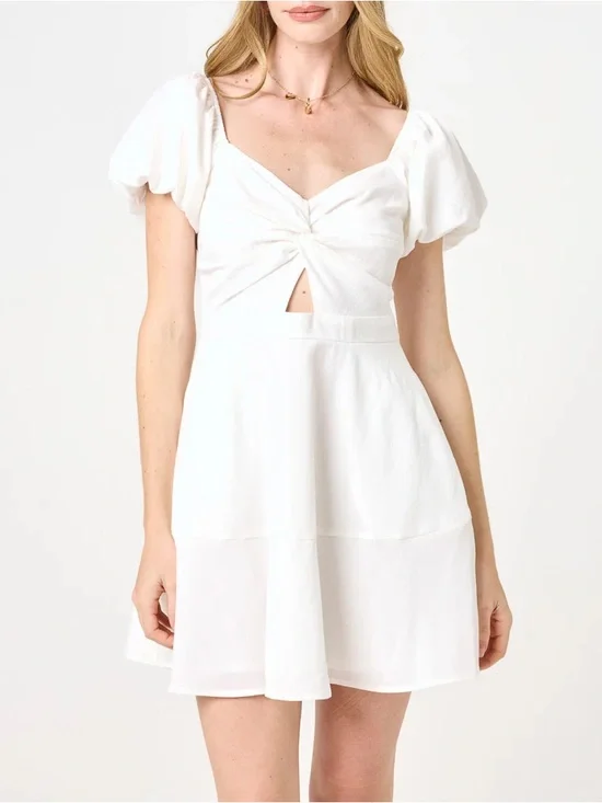 Trixxi White Mini Dress Puff Sleeve Fit Flare Cottagecore Summer Size Small New - Picture 2 of 13